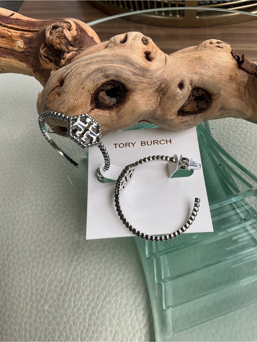 Tory Burch Silver Logo Hoop Earrings